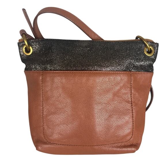 Fossil Crossbody Purse Keely Bag Brown Pebble Cowhide Black Sparkle Pockets - Picture 2 of 12